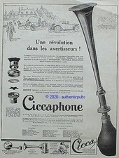 PUBLICITE CICCA CICCAPHONE AVERTISSEUR AUTO TENOR STROMBOS RETRO DE 1925 AD PUB