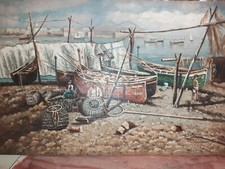 Tableau Paysage Pêcheurs Bateaux Peinture Huile Sur Toile 60x90 CM Avec Cadre