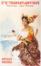 Original Vintage Poster, Brenet, CGT, Antilles, Venezuela, Madras, Liner, 1959