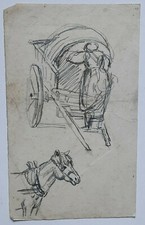 CHEVAL CALECHE Charette DESSIN ORIGINAL Pierre Boilly 16x9cm XIX°