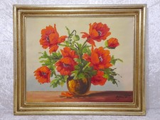 Antique Ölbild Tableau Signé - Nature Morte Fleurs Coquelicot - Vintage -