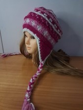 Bonnet Tu Femme Pompon Rose Hiver Fait Main  100%laine Népal