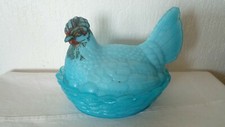 BONBONNIERE SUCRIER OPALINE DE FOIRE BLEUE POULE SUR SON NID VALLERYSTHAL**