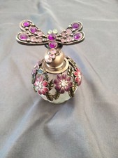 flacon de parfum ancien libellule rose violet en verre opaline et étain émaillé