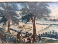 Dessin  Pastel Craie Grasse Sur Papier A Identifier Pique-nique Déjeuner 1950