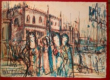 Michel Marie Poulain grand dessin Venise palais des Doges style Bernard Buffet