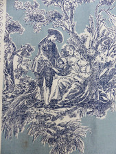 Petit coupon de Toile de Jouy ancienne fond BLEU Vaches Champêtre 56cm largX27cm