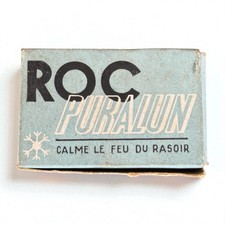 Ancienne boîte publicitaire ROC Puralun Figaro pierre d’alun carton vintage