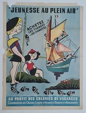 Jeunesse au plein air H. Monier 1951 Affiche Originale Enfance Peche
