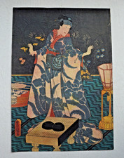 Estampe Japonaise Originale:Kunisada Utagawa dit Toyokuni III. Geisha la nuit