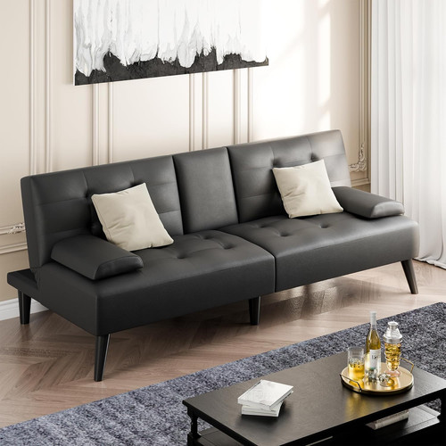 Black leather futon sofa bed - black,