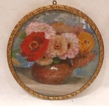 TABLEAU ANCIEN PASTEL BOUQUET NATURE MORTE VASE MÉDAILLON 