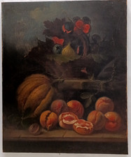 TABLEAUX HST DEBUT XIX EME NATURE MORTE PANIER AUX FRUITS FIGUES PECHES MELON