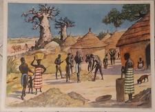 Vintage Affiche pédagogique géographie village africain case ROSSIGNOL 11-12