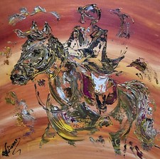 Tableau Cheval Équitation Peinture Sur Toile Neuf 50x50cm