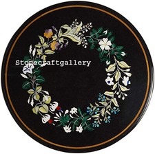 30 " Noir Marbre Café Table Top Demi Précieux Pierres Pietradura Incrustation