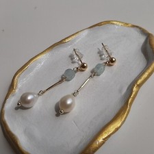 boucles d'oreilles perles de culture pierre précieuse aigue marine plaqué or 