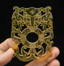 8CM Rare Coloured glaze Carving Dynasty Baeast Face Double Dragon Yu Bi Amulet