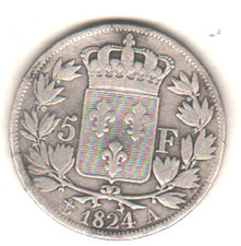pièce de 5 francs argent Louis XVIII, 1824 A, Paris
