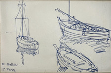 Saint Tropez EMMANUEL BELLINI Barques DESSIN ORIGINAL Marine Bateaux XX°