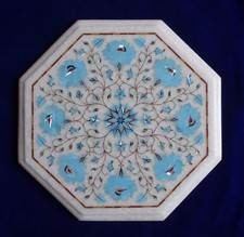 12 " White Marbre Coin Fin Table Top Demi Précieux Pierres Turquoise Inlay Art