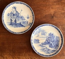 2 PETITES ASSIETTES FAIENCE DE CHOISY LE ROI PAYSAGES MARINS BLEUS D 19,7cm 1900