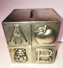 Vintage Silver Plated Children’s ABC and Image Coin Bank 1990's Engraved 3" Cube
