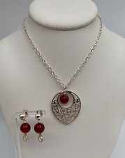 PARURE COLLIER COEUR BOUCLES OREILLES PERLES ROUGE ORANGE 21 GRAMMES 30 W1003