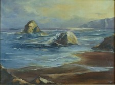 Ancien beau tableau Marine bord de mer Côte Rocheuse Normandie signé