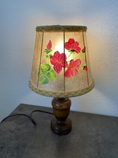 ancienne lampe de chevet bois abat jour peint Fleur deco retro