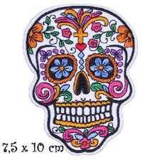 ÉCUSSON PATCH thermocollant - Tête de mort, Crane Fleur arabesque multicolore