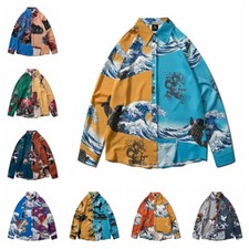 Hommes Coupe Ample Joint Chemise Japonais Imprimé Crane Manteau Manches Longues