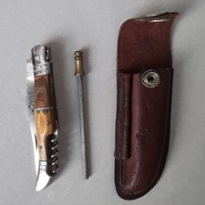 KNIFE FOLDING LAGUIOLE , WOOD , CORKSCREW , CASE IN LEATHER FOR BELT , SHARPENER