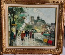 huile sur toile Les Bouquinistes Vue de Notre Dame de Paris Signé Fernand Claver