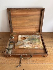 Ancienne Malette De Peintre En Bois avec Palettes De Peintures Vers 1900 XIXeme