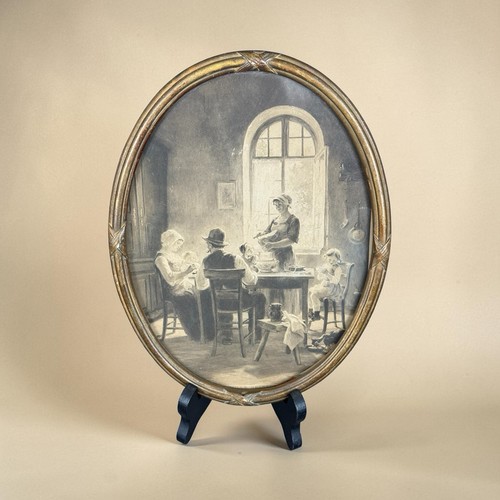 Ancien tableau ovale scène - , de