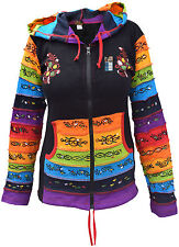 Coton Noir Arc-en-Ciel Imprimé Lutin Pointu Long Capuche Veste Femmes Hippie