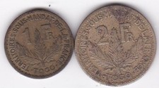 Togo. 1 Franc & 2 Francs 1925. Bronze aluminium, Lec# 12 & 15