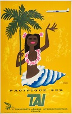 Original Vintage Poster, Morvan, TAI South Pacific, Tahiti, Shell Palm Tree 1955