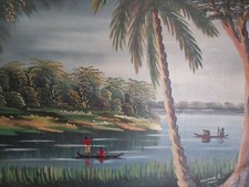 # Tableau Africain ancien: Pirogues sur le Congo, par E. MALONGA