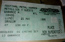 RARE / TICKET BILLET DE CONCERT - METALLICA : LIVE A PARIS ( FRANCE ) 1990