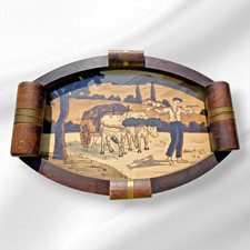 Vintage Pyroengraved Wooden Tray  “Souvenir de Lourdes” Rustic French Art, Ox