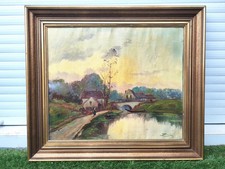 Ancienne huile sur toile paysage rural au bord de l’eau 59x68