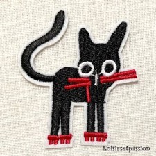 Écusson patch thermocollant, CHAT ESPIÈGLE Noir Rouge * 6 x 6,5 cm *  Applique 