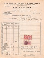 Facture   1943 BEURRE OEUFS FROMAGES MERLET ET FILS A PARIS - M. REMOND LAITER