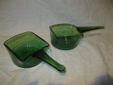 Vintage Lot x2 Ancienne CASSEROLE A MANCHE FIXE en VERRE SOUFFLE BULLE VERT