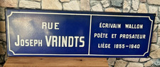 Superbe plaque de rue ancienne en tôle émaillée belge "Rue Joseph Vrindts" Liège