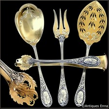 Puiforcat French Sterling Silver 18k Gold Dessert Hors D'oeuvre Set 4 Pc, Box