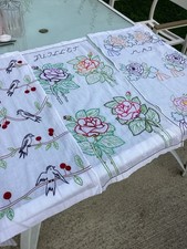 3 Rideaux Brodés Main Couleur 40x80 Mai Juin Juillet Anciens