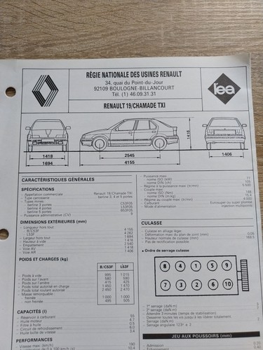 Fiche technique renault - renault, 19